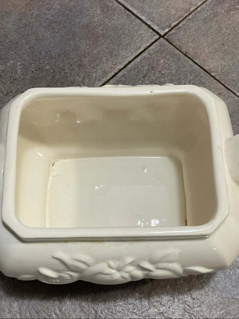 Ivory Ceramic Covered Soup Tureen with Ladle - Floral Relief